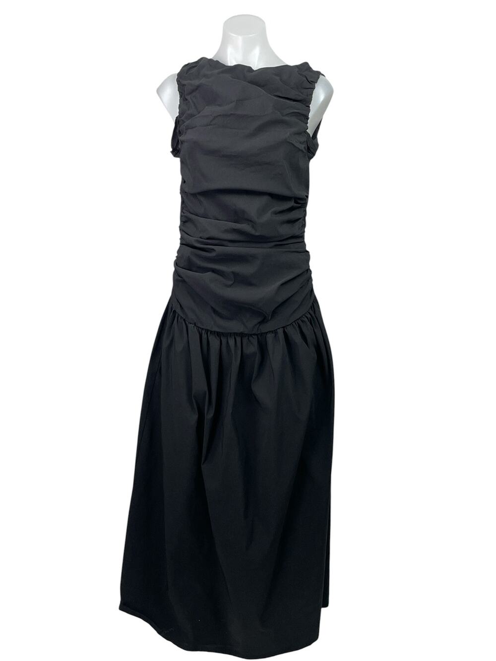 PrettyLittleThing Black Sleeveless Ruched Drop Waist A Line Maxi Dress Size 10